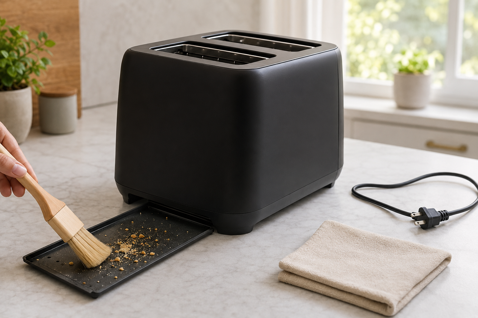 Unplugged four-slice toaster with crumb tray being brushed clean