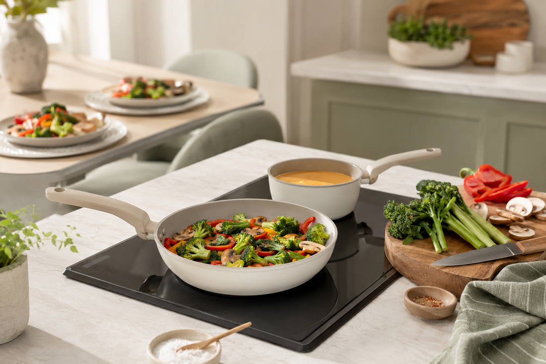 Compact skillet and saucepan preparing a meal for two