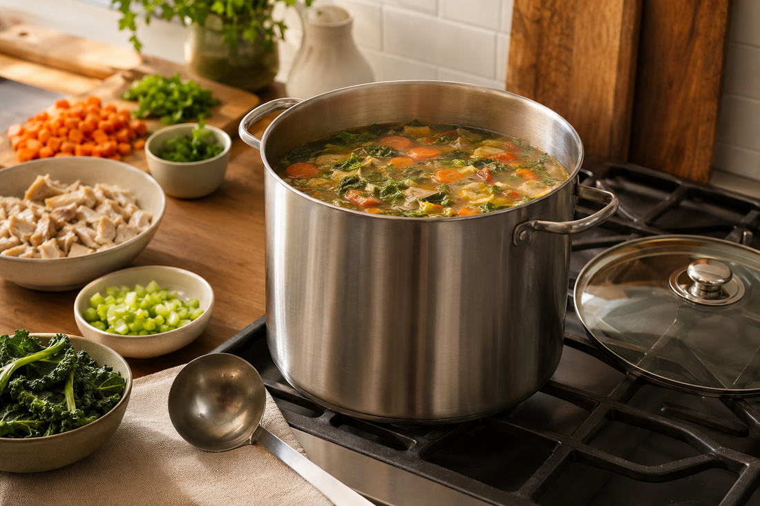 Large stainless steel stockpot cooking a family-size meal