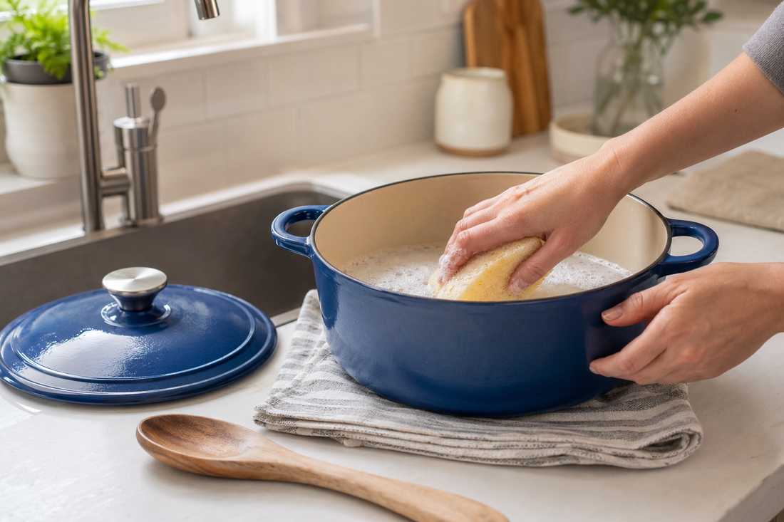 Blue enameled Dutch oven being gently hand washed