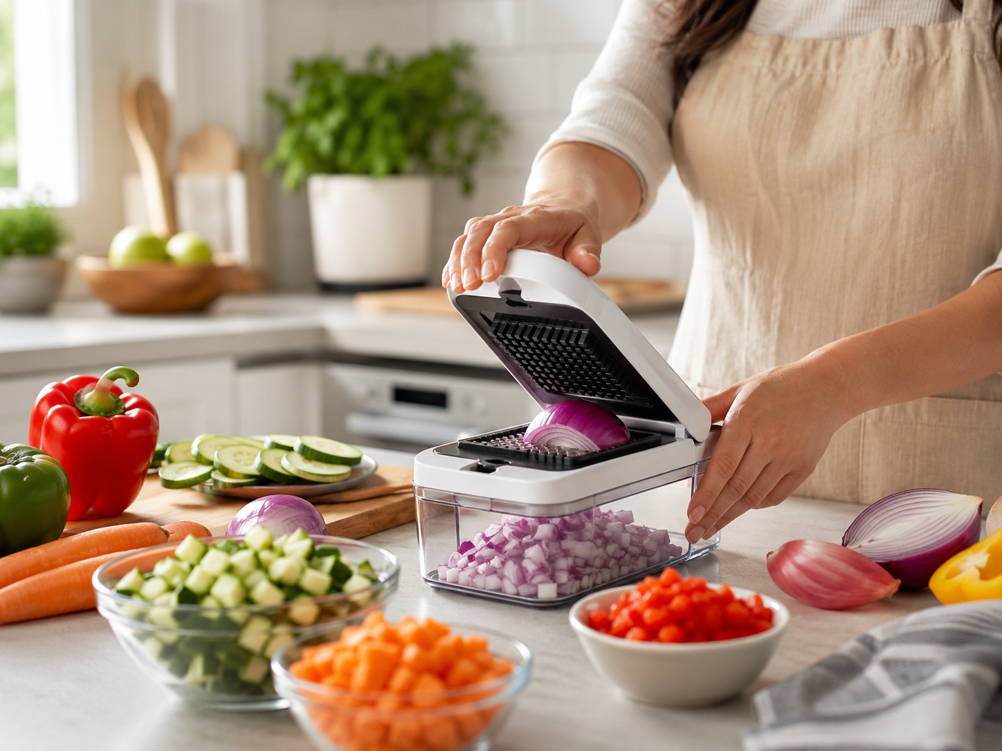 A person chopping vegetables with a manual food chopper in a bright kitchen
