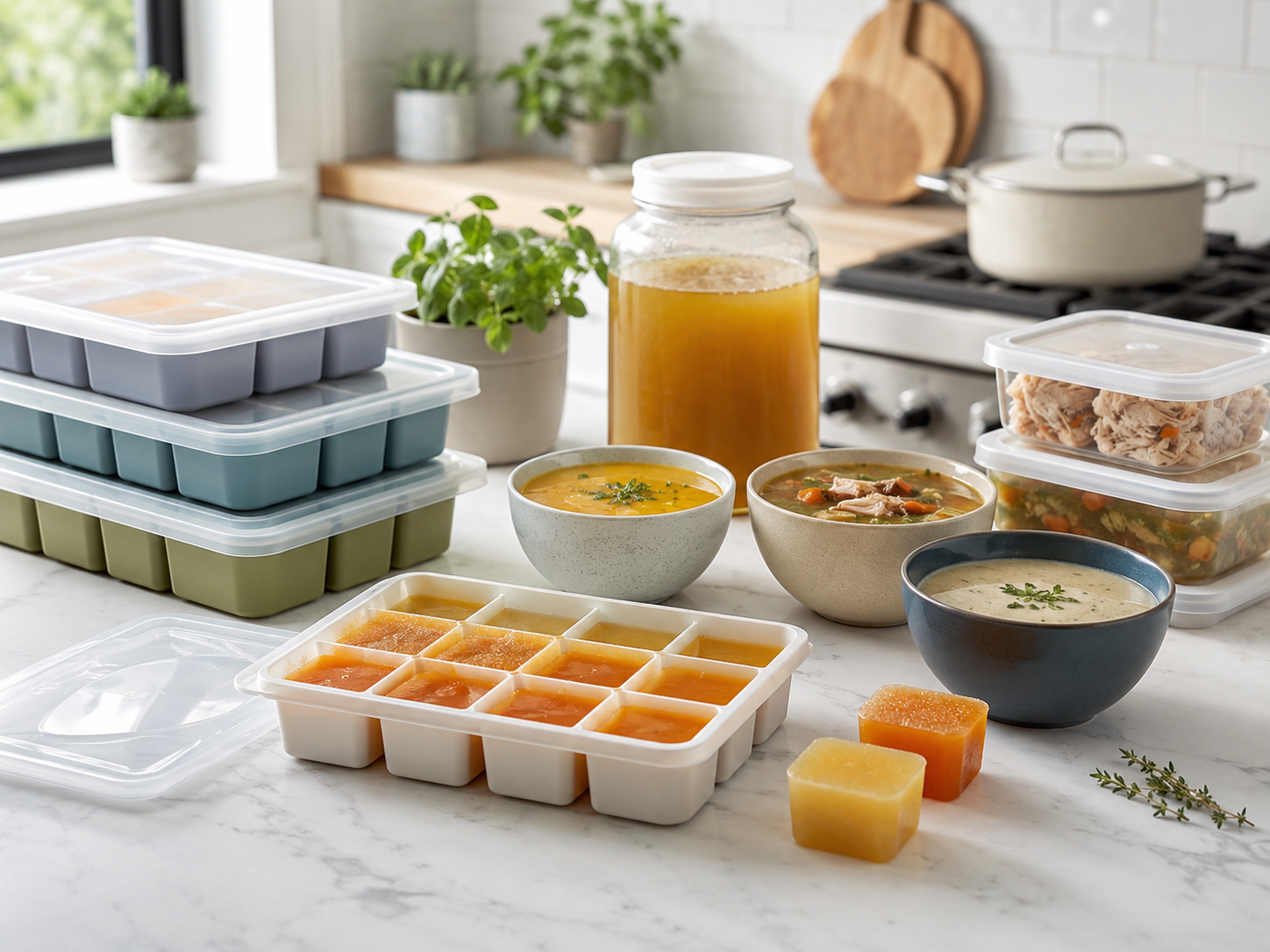 Silicone freezer trays filled with soup and sauce portions in a bright kitchen