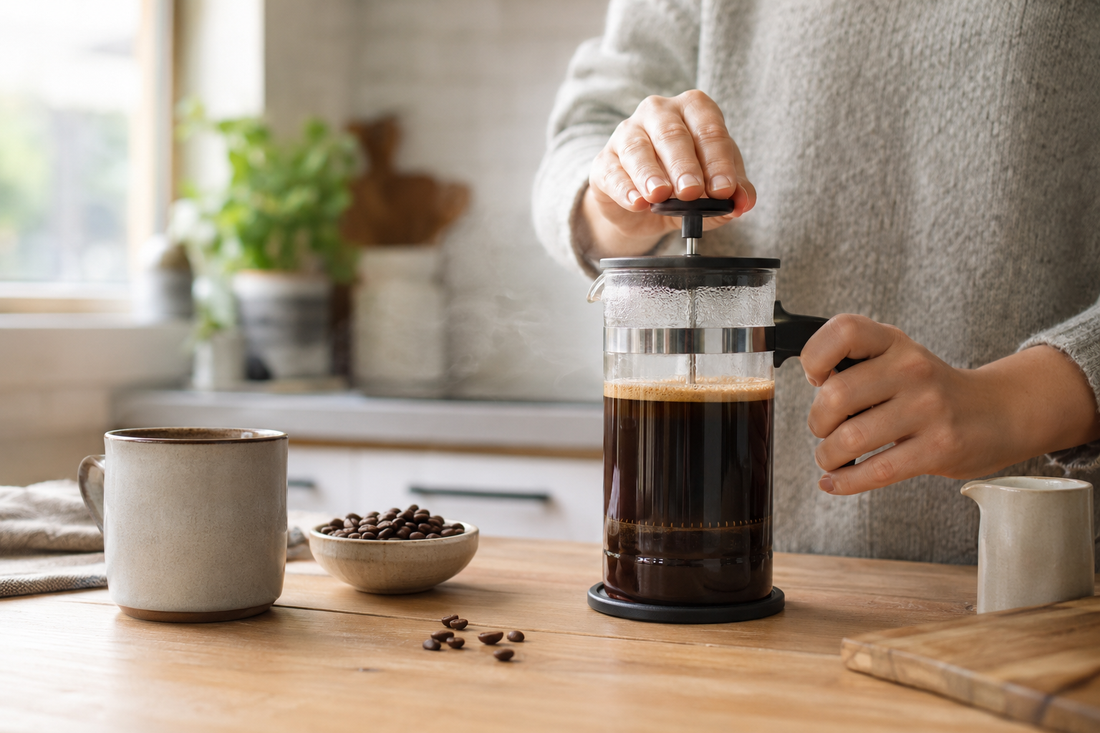 Hands pressing a glass French press on a sunlit kitchen counter