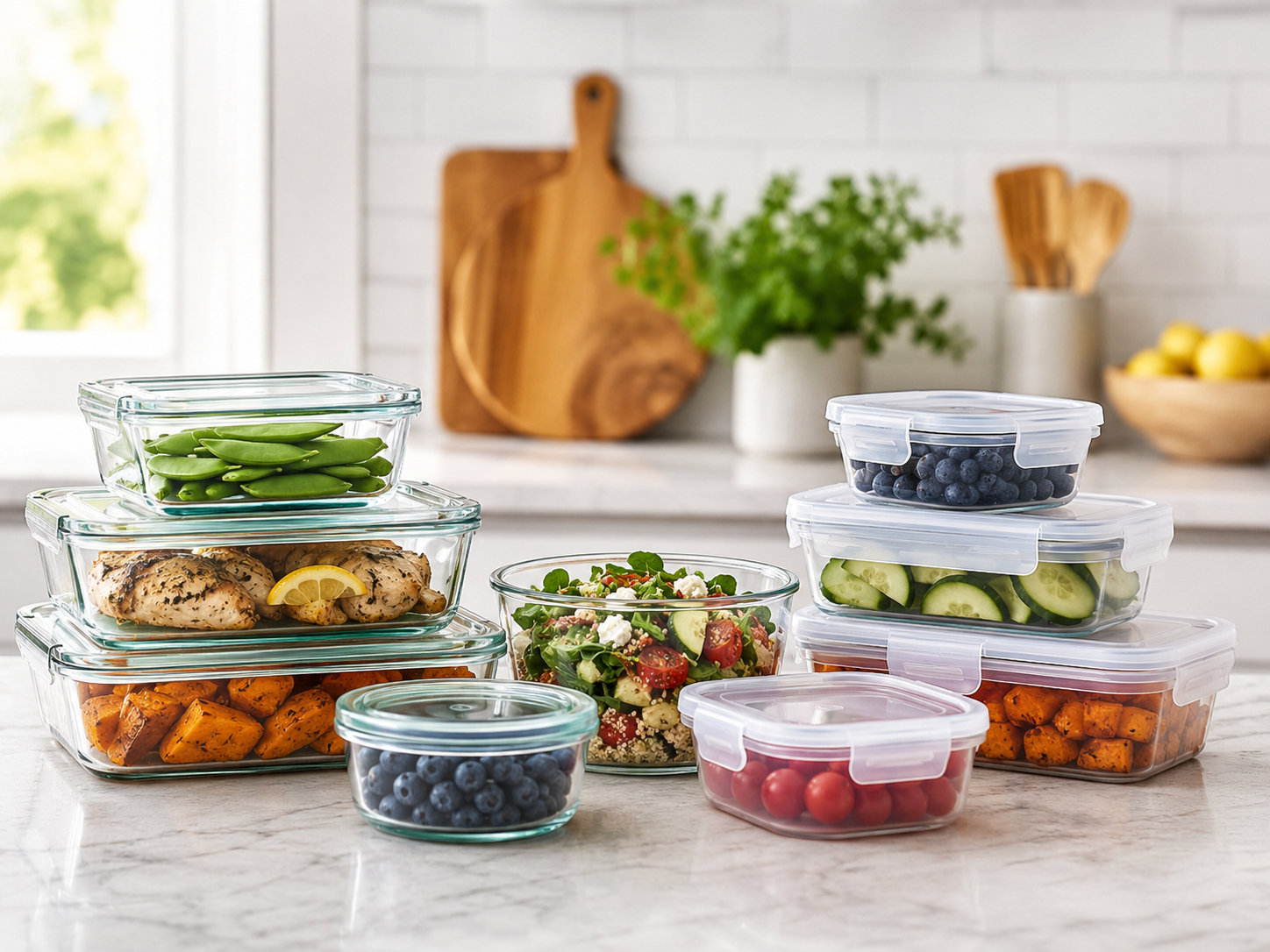 Glass and plastic food storage containers arranged in a bright modern kitchen