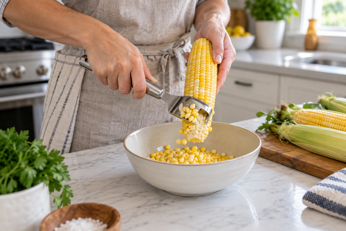 Hands removing corn kernels with a stainless steel corn stripper