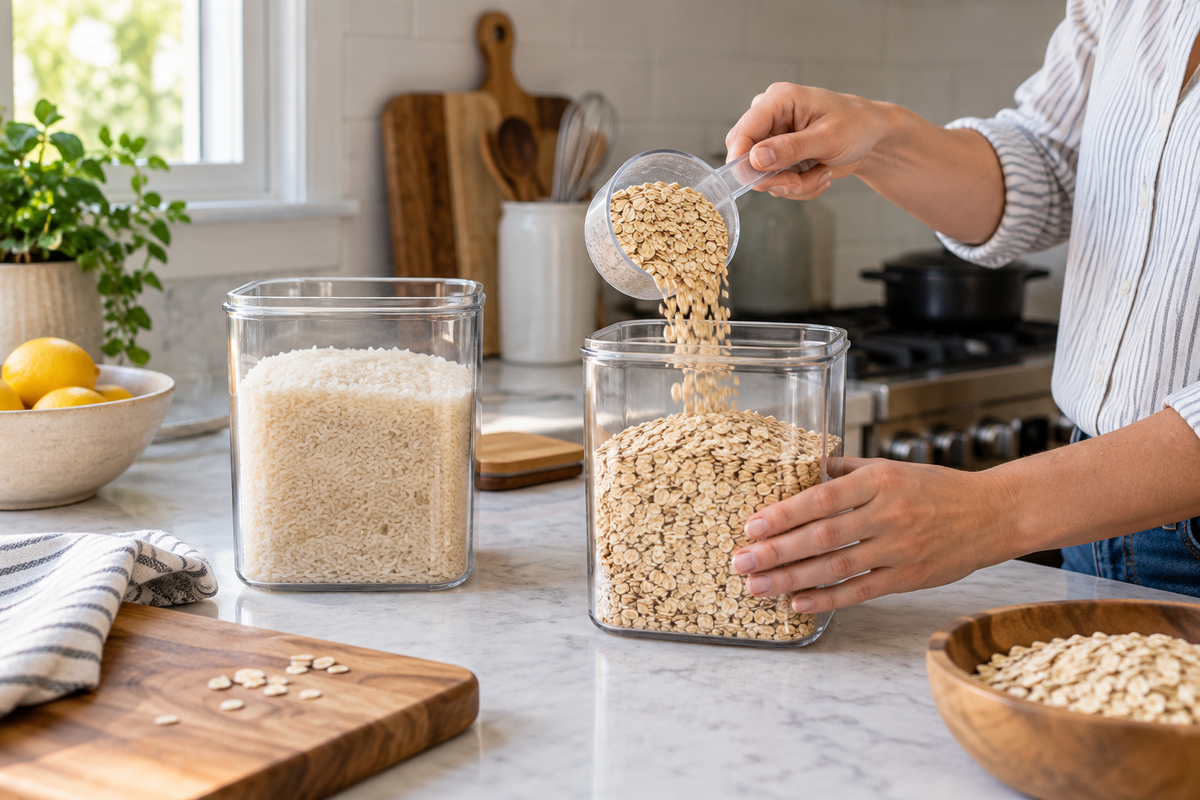 Clear one-cup scoop portioning oats into a pantry container