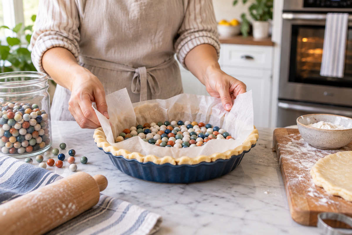 Baker lining a pie crust with parchment and ceramic pie weights