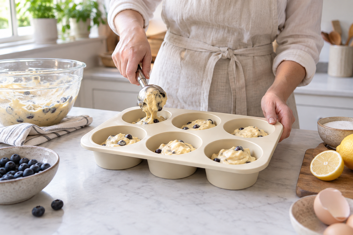 Baker filling a six-cup jumbo silicone muffin pan