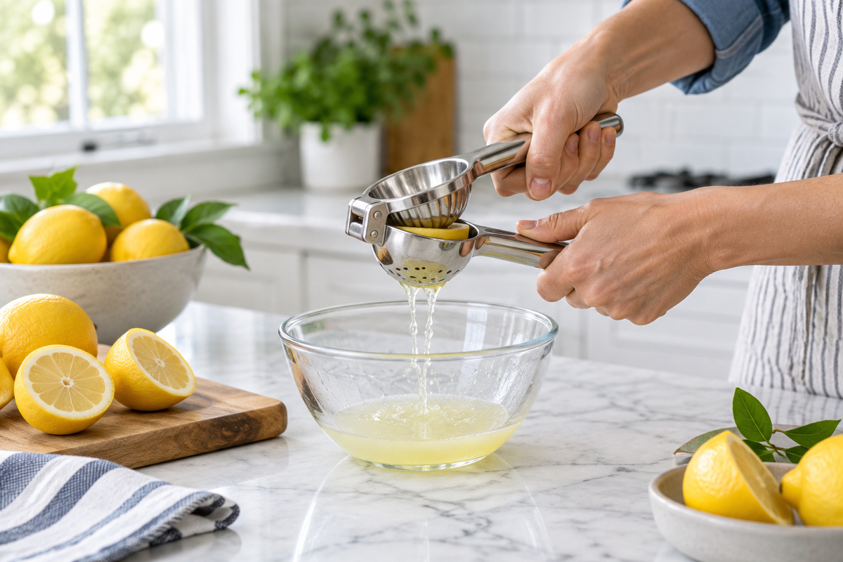 Hands squeezing fresh lemons with a stainless steel citrus press