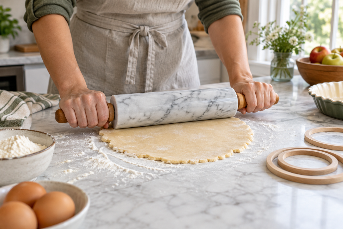 Home baker rolling pie dough with a marble rolling pin