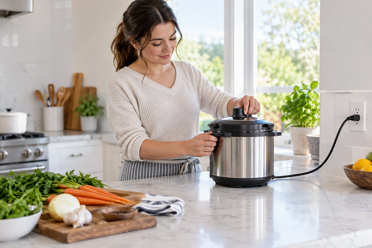 Woman checking the lid of a compact electric pressure cooker