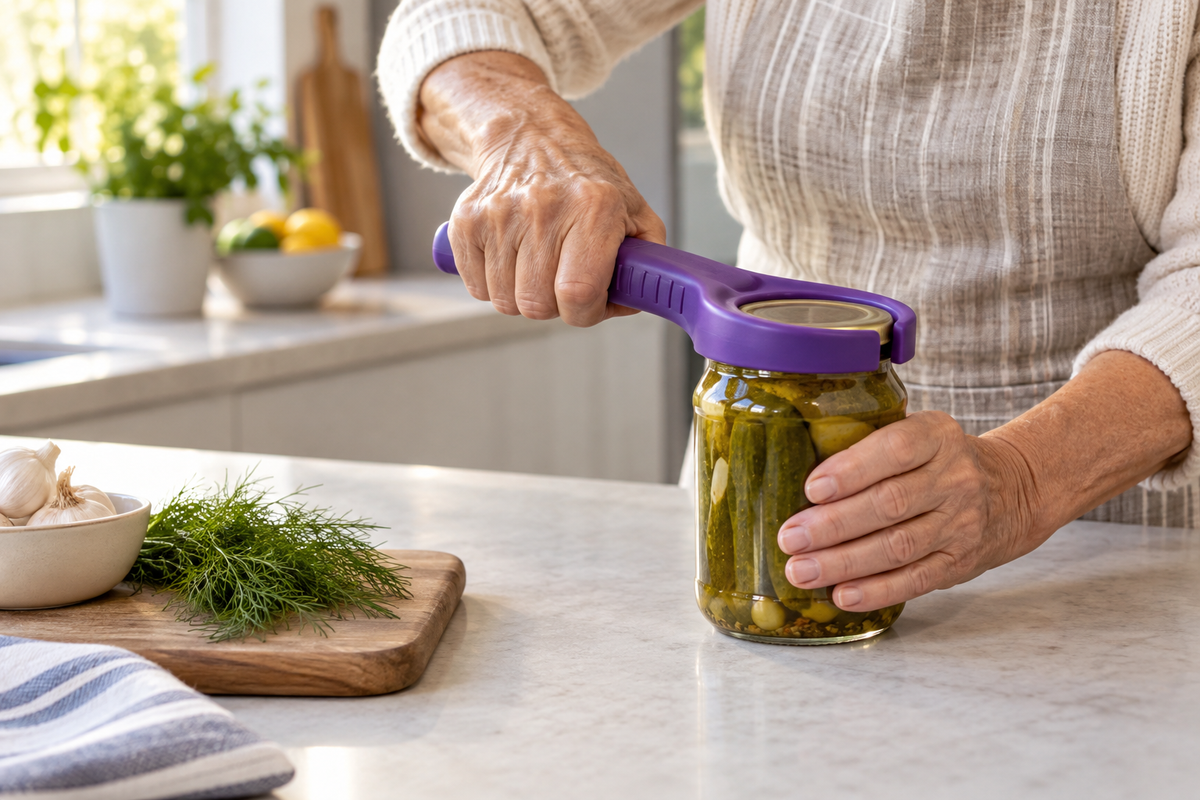Older adult opening a jar with a purple ergonomic jar opener
