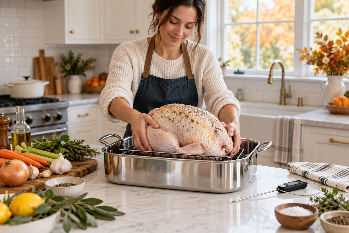 Woman placing a turkey on a rack in a stainless steel roasting pan