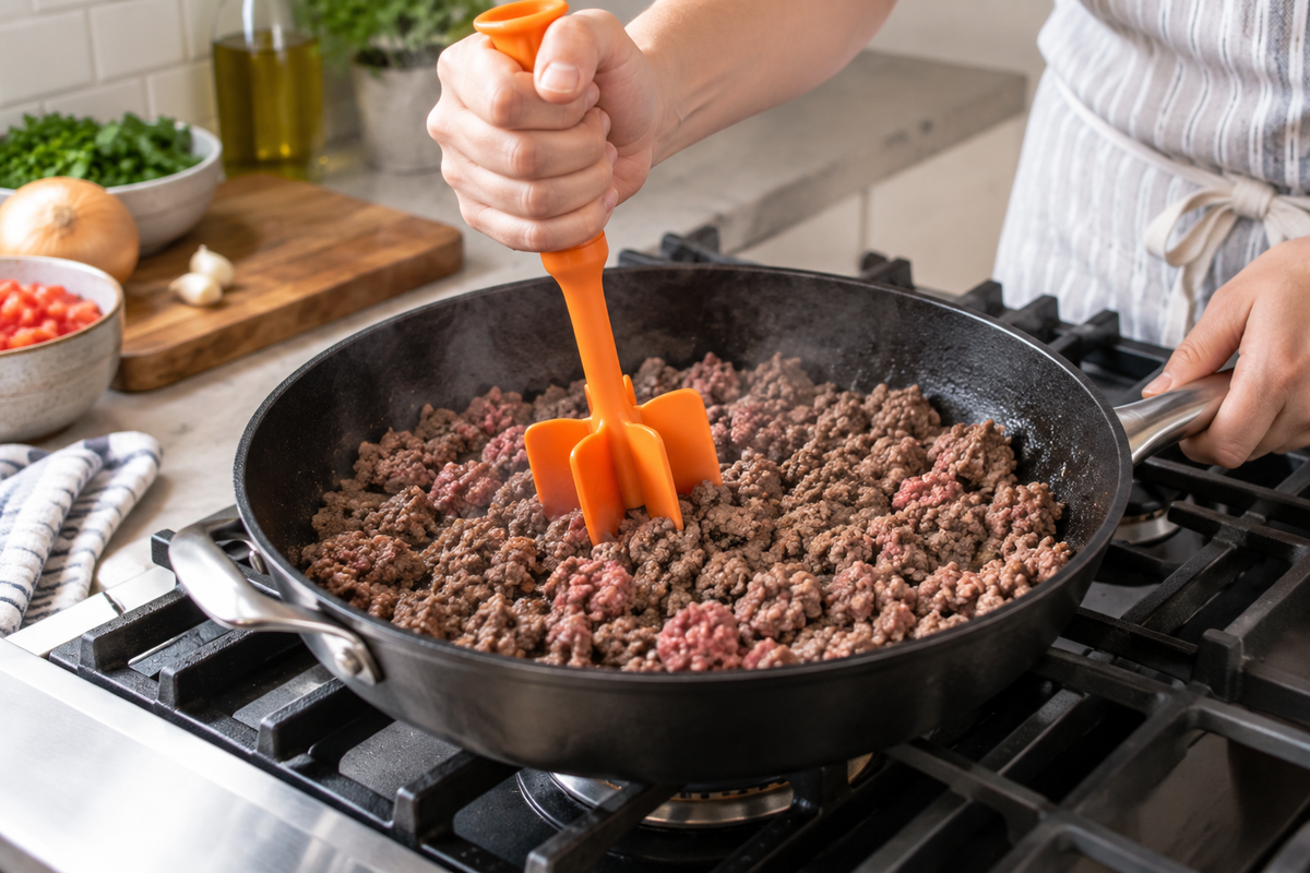 Hands breaking up ground beef with an orange nylon chopper