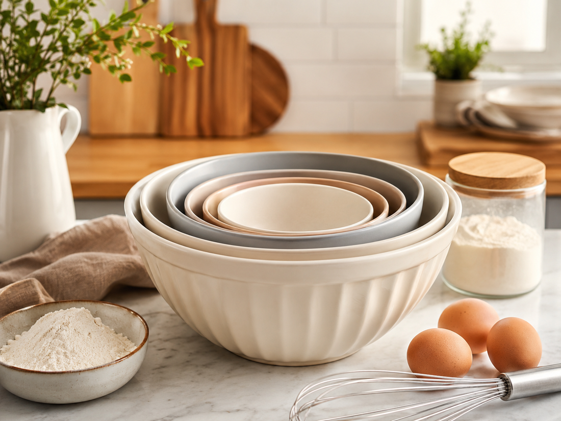 Nested mixing bowls with baking ingredients in a warm modern kitchen