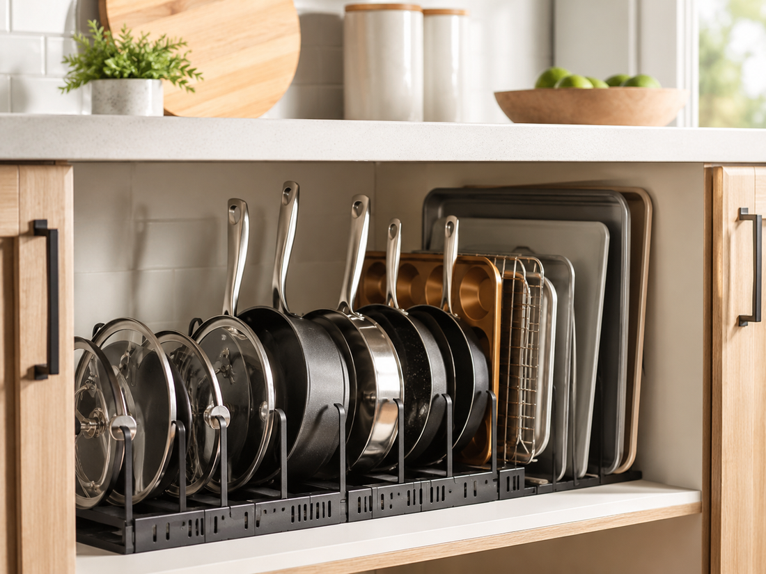 Pots pans lids and baking sheets organized vertically inside a kitchen cabinet