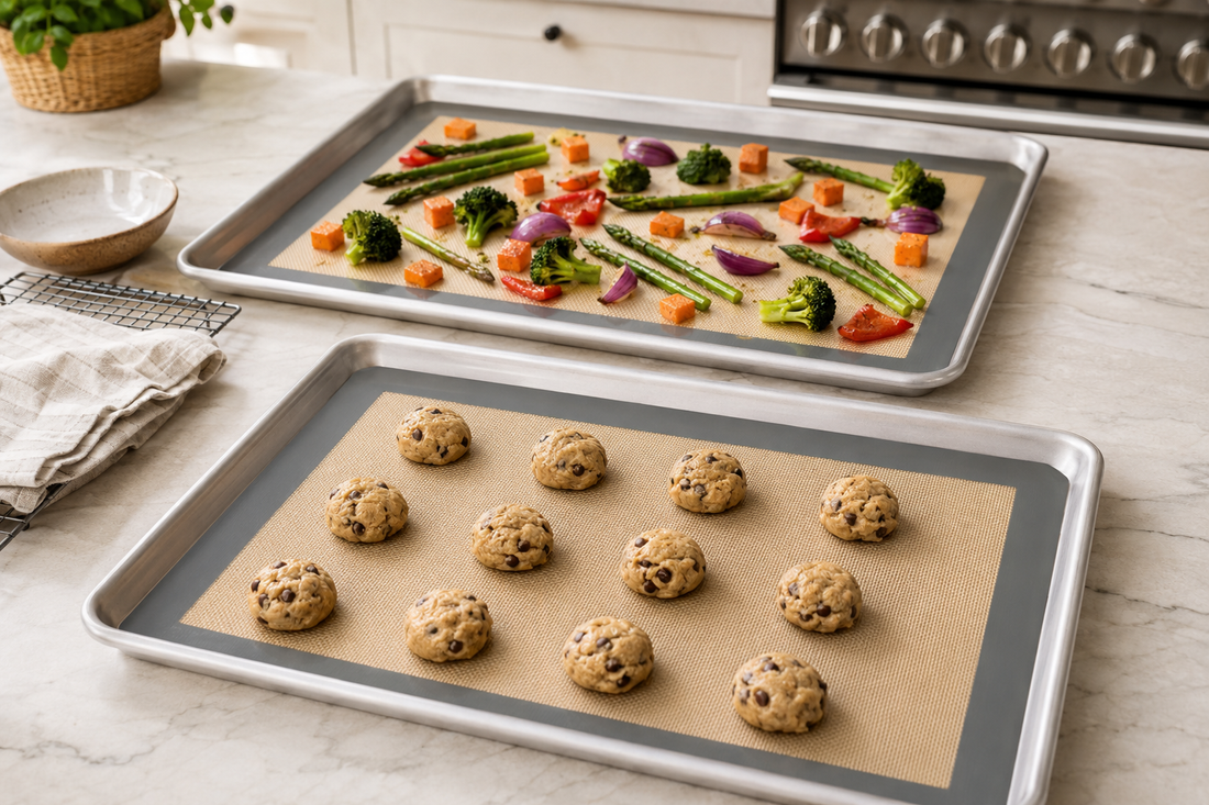 Silicone baking mats placed flat inside rimmed sheet pans