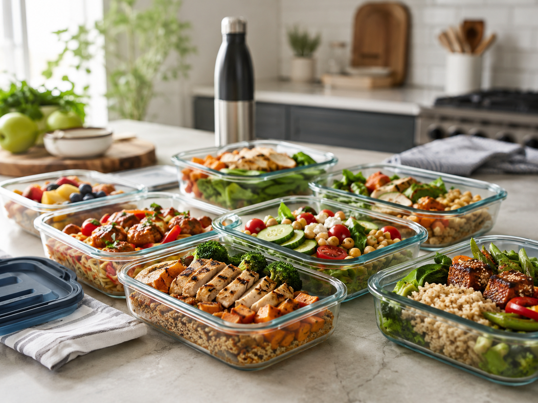 Prepared meals in glass containers arranged on a clean kitchen counter