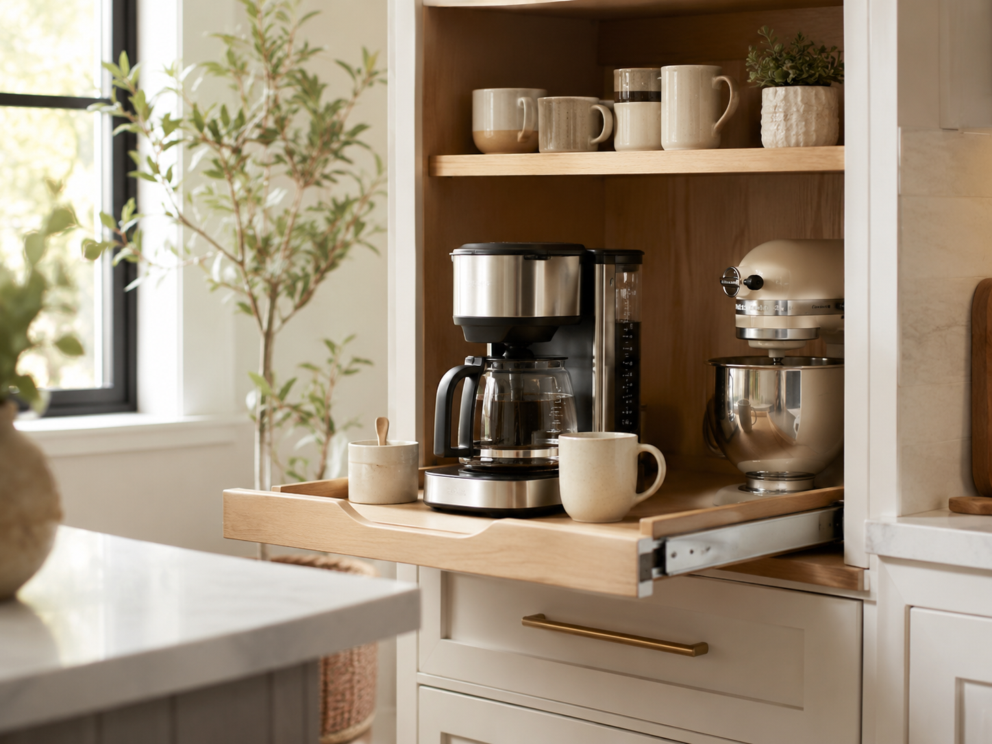 Coffee maker and stand mixer arranged on a pull-out shelf in a warm kitchen