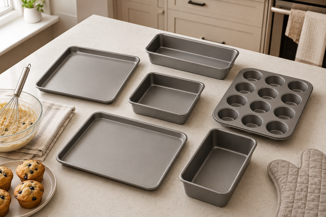 Starter set of metal bakeware arranged on a kitchen island