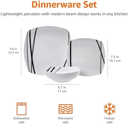Amazon Basics Square Dinnerware Set for 6, Plates and Bowls for Kitchen, 18-Piece, Dishwasher and Microwave Safe, Modern Beams - Image 7