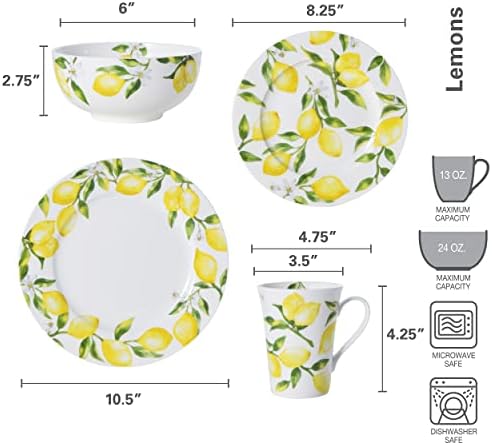 Mikasa Lemons 16-Piece Bone China Dinnerware Set, Service for 4, Includes Dinner Plates, Salad Plates, Cereal Bowls and Mugs, Dishwasher and Microwave Safe - Image 5