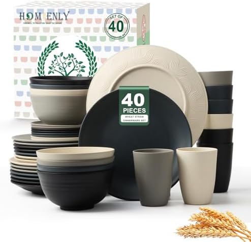 Homienly Kitchen Wheat Straw Dinnerware Set 40 PCS - Dinner Plates, Cereal Bowls, Wheat Straw Cups Set, Microwave and Dishwasher Safe Dishes Set, Unbreakable Dish Set for Party, Outdoor(Grey Stone) - Image 2