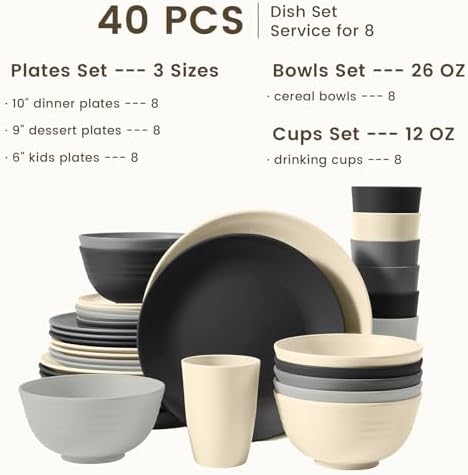 Homienly Kitchen Wheat Straw Dinnerware Set 40 PCS - Dinner Plates, Cereal Bowls, Wheat Straw Cups Set, Microwave and Dishwasher Safe Dishes Set, Unbreakable Dish Set for Party, Outdoor(Grey Stone) - Image 3
