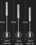 3 PCS Stainless Steel Semi-Automatic Whisk, Hand Push Rotary Whisk Blender, Versatile Milk Frother for Blending, Whisking, Stirring (11+12+13 Inch)