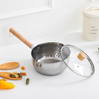 1.5 Quart Stainless Steel Pot With Glass Lid. Traditional Japanese Saucepan Wth Wood Handle, Multipurpose Sauce Pan With Two Side Pour Spouts & Measurement Line, Great for Ramen, Milk etc.