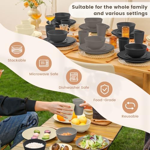 Homienly Kitchen Wheat Straw Dinnerware Set 40 PCS - Dinner Plates, Cereal Bowls, Wheat Straw Cups Set, Microwave and Dishwasher Safe Dishes Set, Unbreakable Dish Set for Party, Outdoor(Grey Stone) - Image 6