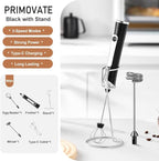 Rechargable Milk Frother, Handheld Drink Mixer with Whisk Attachment, 2025 upgraded, powerfull 3 speed motor, Type C charging with charge light, with extra egg mix head (White with Stand)