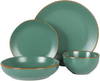 Gibson Home Hazeltine 16-Piece Green Stoneware Dinnerware Set – Plates and Bowls, Durable Ceramic Kitchen Dinner Set
