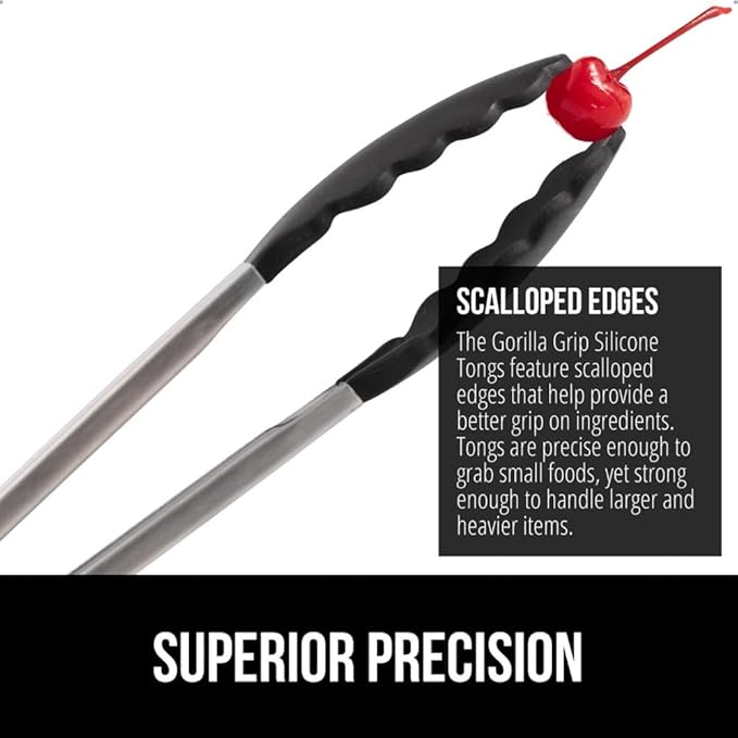 GORILLA GRIP Stainless Steel Heat Resistant Kitchen Tongs for Cooking, 7 + 9 + 12 Inch Set of 3 BBQ Tong, Non Scratch Silicone Tip for Pans, Strong Grip, Grab Food, Pull Lock, Black Mint Red