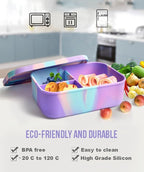 Silicone Lunch Box for Adults & Kids, 40oz Bento Box | 3 Compartments, Leak-Proof Design, 100% Food-Grade Silicone | Microwavable & Portable For All Occasions (5.7x8.5in, Purple)
