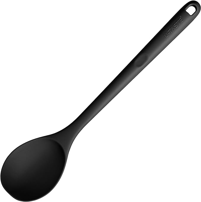 600ºF Heat Resistant Silicone Spoon: U-Taste 13.3in Solid Kitchen Cooking Spoon, Nonstick Food Grade Large & Long Soup Rubber Utensil for Mixing, Serving, Stirring, Basting, for Pot Cookware (Black)
