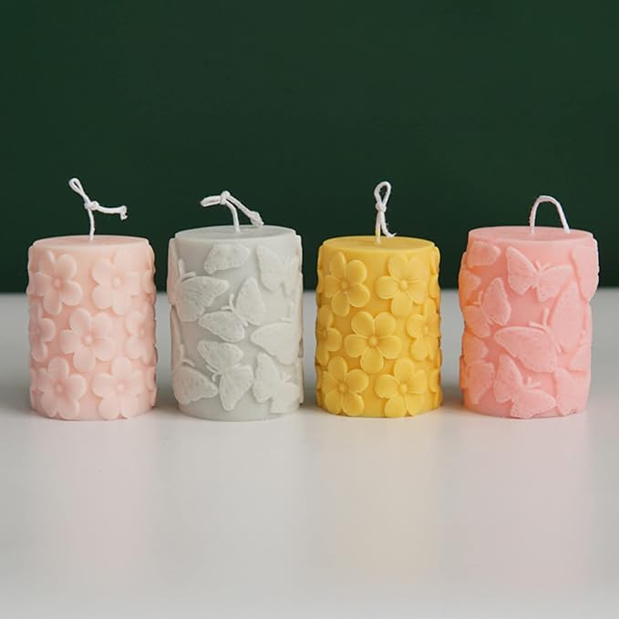 Embossed Butterfly Frangipani Cylinder Candle Molds, Pillar Candle Mold Epoxy Resin Casting Silicone Mould for Making Candle Soap Plaster Clay Mold (Frangipani)