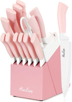14 Pieces Knife Set with Block, Ceramic White Coating, High Carbon Stainless Steel Sharp Blade Block Knife Set, Dishwasher Safe Cutlery, Colliding Pink