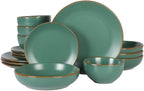 Gibson Home Hazeltine 16-Piece Green Stoneware Dinnerware Set – Plates and Bowls, Durable Ceramic Kitchen Dinner Set