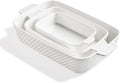 Sweejar Ceramic Baking Dish Set, Cake Baking Dish for Brownie, Porcelain Striped Casserole Dishes for Oven with Handle for Lasagna, Family Dinner(White)
