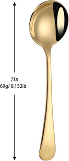 7" Round Soup Spoons Set of 4,18/10 Stainless Steel Heavy Duty with Deep Bowl,Fine Mirror Polished,Dishwasher Safe(Gold)