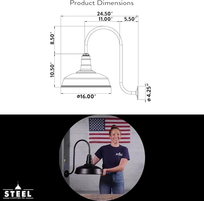 Steel Lighting Co. Gardena Barn Light | Outdoor Wall Mounted | 16" Dome | Upward Sloping Gooseneck | Farmhouse Light Made in America | Cream Exterior/Brass Interior