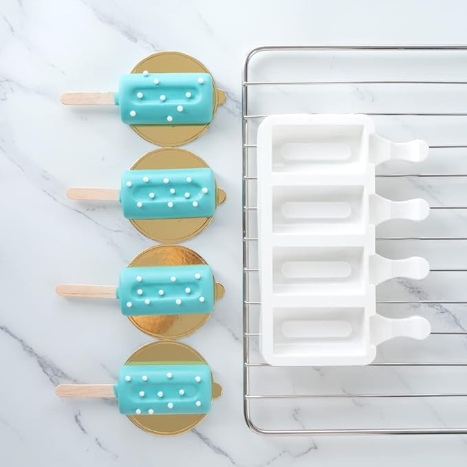 Pastry Tek 4 Cavities Popsicle Molds, 10 Cylinder Cakesicle Molds - Flexible, Freezable, White Silicone Cake Popsicle Molds, Easy Release, For Baking - Restaurantware
