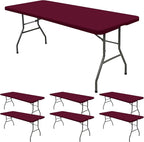 6 Pack Stretch Fabric Table Top Cap Cover, fits 6' Tables, Spandex Table Covers Washable Elastic Rectangle Tablecloth Protector for Indoor Outdoor Party Picnic Wedding, Wine Red, 30" W x 72" L