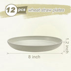 12 Pcs Unbreakable Deep Dessert Plates Set, 8 inch Reusable Plastic Wheat Straw Plates, Microwave and Dishwasher Safe Plate for Kitchen, Lightweight Plate for Dessert, BPA Free, Beige