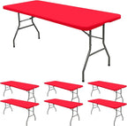 6 Pack Stretch Fabric Table Top Cap Cover, fits 8' Tables, Spandex Table Covers Washable Elastic Universal Rectangle Tablecloth Protector for Indoor Outdoor Party Picnic Wedding, Red, 30" W x 96" L