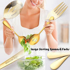12 PCS Stainless Steel Serving Utensils, Large Spoons Slotted Spoons Forks Tongs, Ice Suger Tongs, Pie Server, Butter Knife, Coffee Spoons, Great for Buffet Catering Banquet Party, Gold