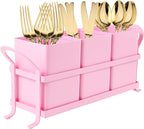 Metal Silverware Caddy,3 Compartment Utensil Holder With Metal Rack,Utensil Caddy Flatware Cutlery Organizer for Countertop Party Picnic Camping Outdoor Pink