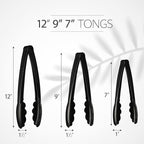 Plasticpro Heavy Duty Reusable Black Serving Tongs Combo Set - 4 Pieces (7.5'', 9'', 12'') for Kitchen, BBQ, Parties, Catering, Events, Weddings - Pack of 12