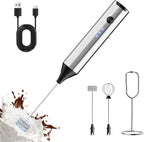 Rechargeable Milk Frother with Stand, Electric Frother Wand Handheld Coffee Foam Maker Detachable Stainless Steel Whisk Drink Mixer Foamer for Latte, Cappuccino, Hot Chocolate, Egg (Silver)
